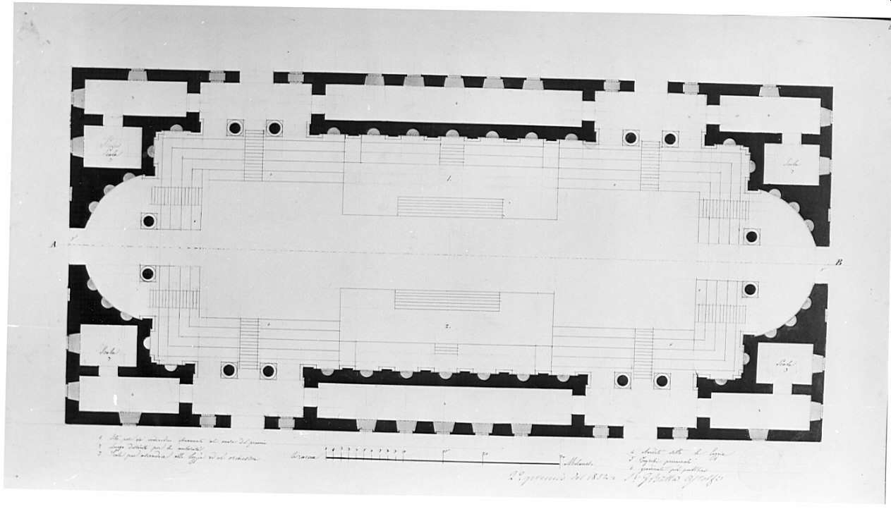 pianta, architettura: progetto di edificio (disegno, opera isolata) di Astolfi Giovanni Battista (sec. XIX)