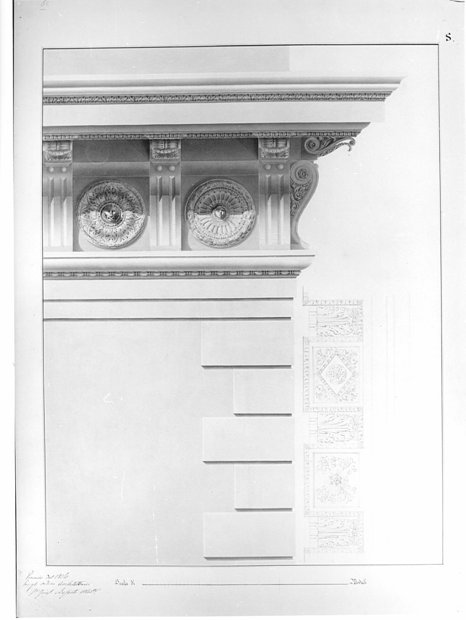 dettaglio di alzato e vista dal basso, architettura: trabeazione; sottocornice (disegno, opera isolata) di Besesti Giuseppe (sec. XIX)