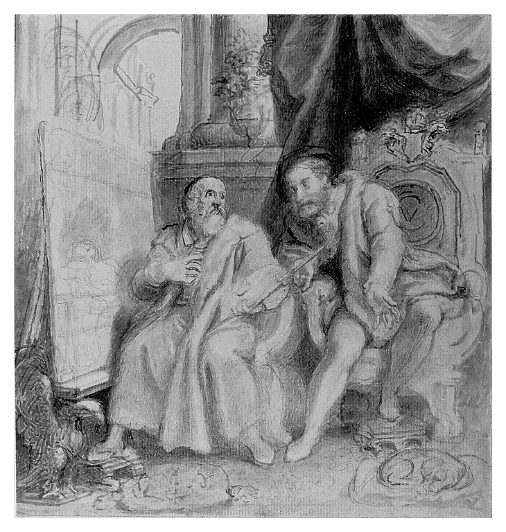 Tiziano e Carlo V, pittore e figura maschile (disegno, opera isolata) di Cosway Richard (sec. XIX)
