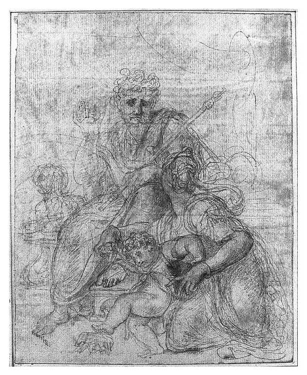 Re con donna inginocchiata e bambino che poggia un piede sulla corona, figura maschile con figura femminile e bambino (disegno, opera isolata) di Cosway Richard (sec. XVIII)