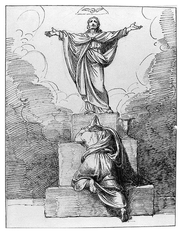 Lo Spirito Santo, Cristo e una figura inginocchiata davanti a Lui, Cristo (disegno, opera isolata) di Cosway Richard (sec. XVIII)