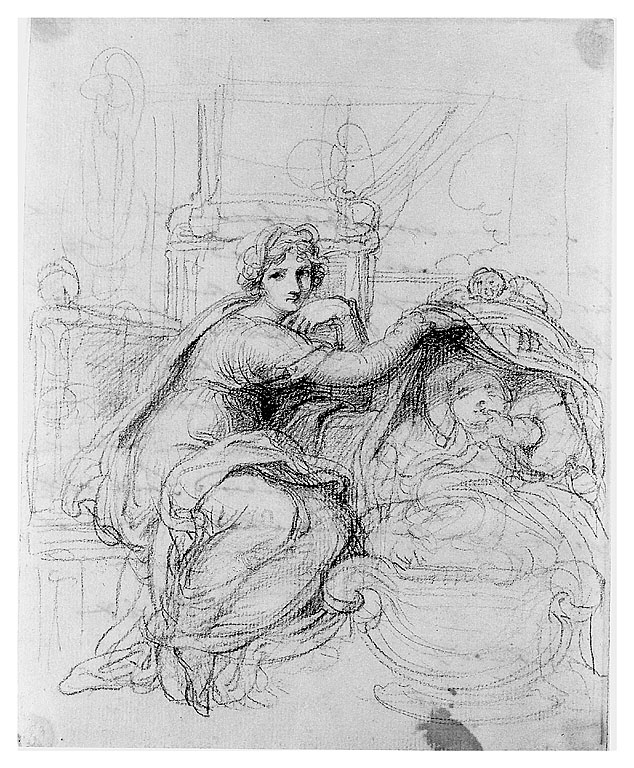 Donna con bambino nella culla, giovane madre con infante (disegno, opera isolata) di Cosway Richard (sec. XVIII)
