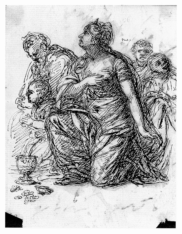 figura femminile inginocchiata con bambini e con figura maschile di anziano (disegno, opera isolata) di Cosway Richard (sec. XVIII)