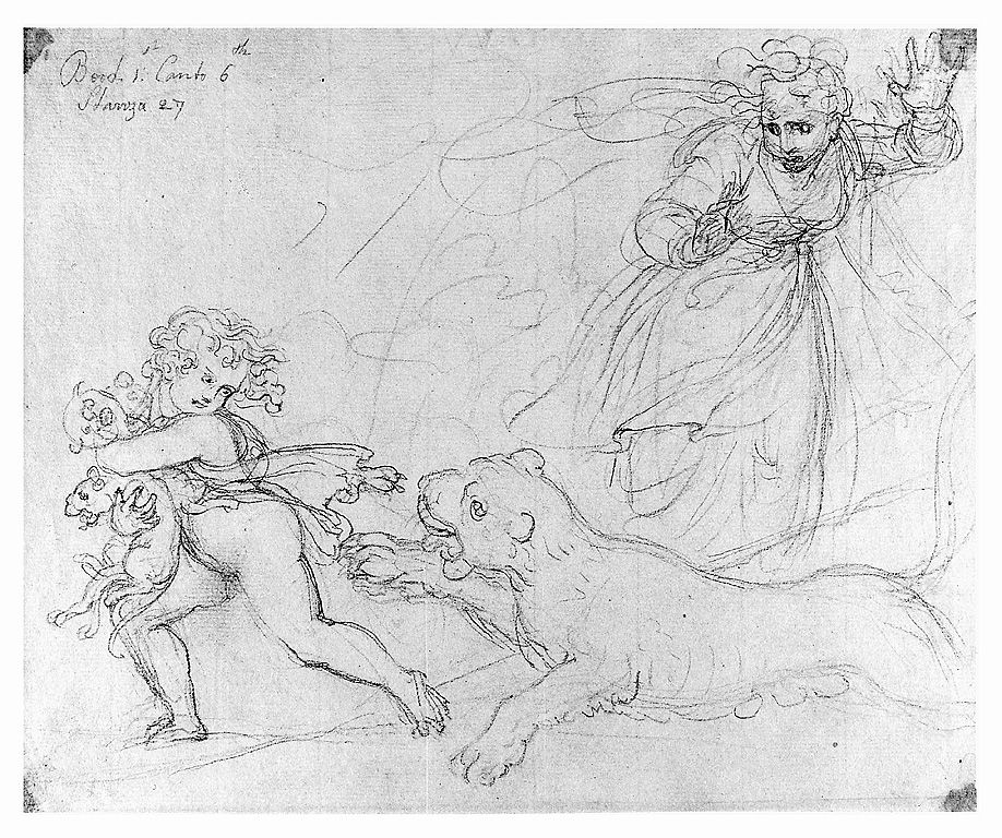 bambino con tre leoncino inseguito da una leonessa (disegno, opera isolata) di Cosway Richard (fine sec. XVIII)