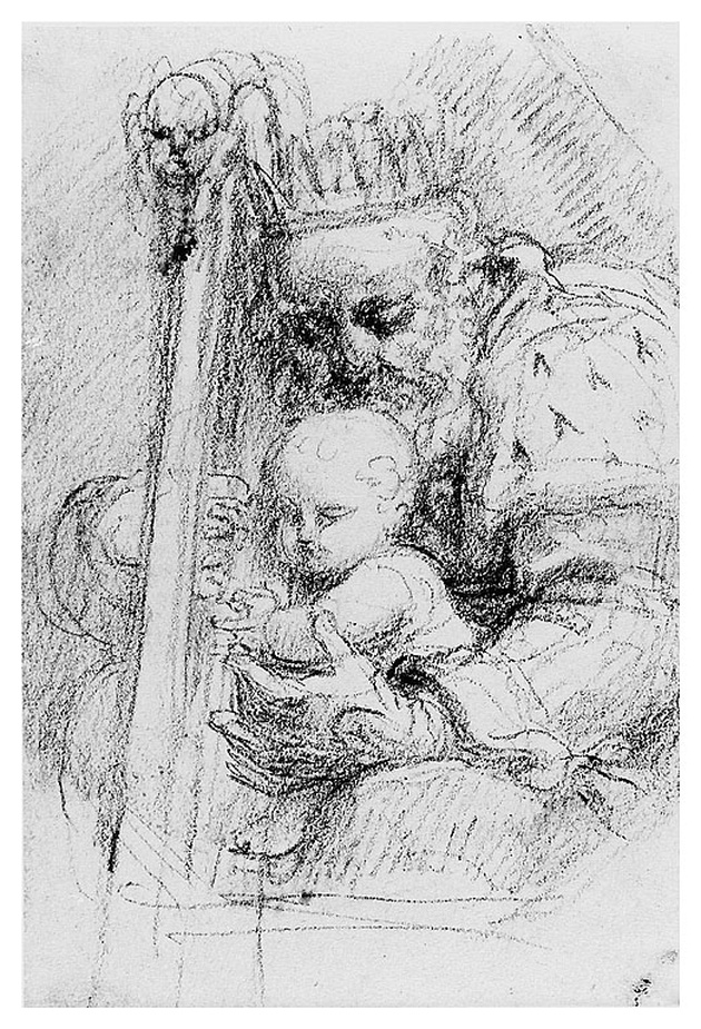 Re con bambino mentre suona l'arpa, figura maschile con arpa e bambino (disegno, opera isolata) di Cosway Richard (sec. XVIII)