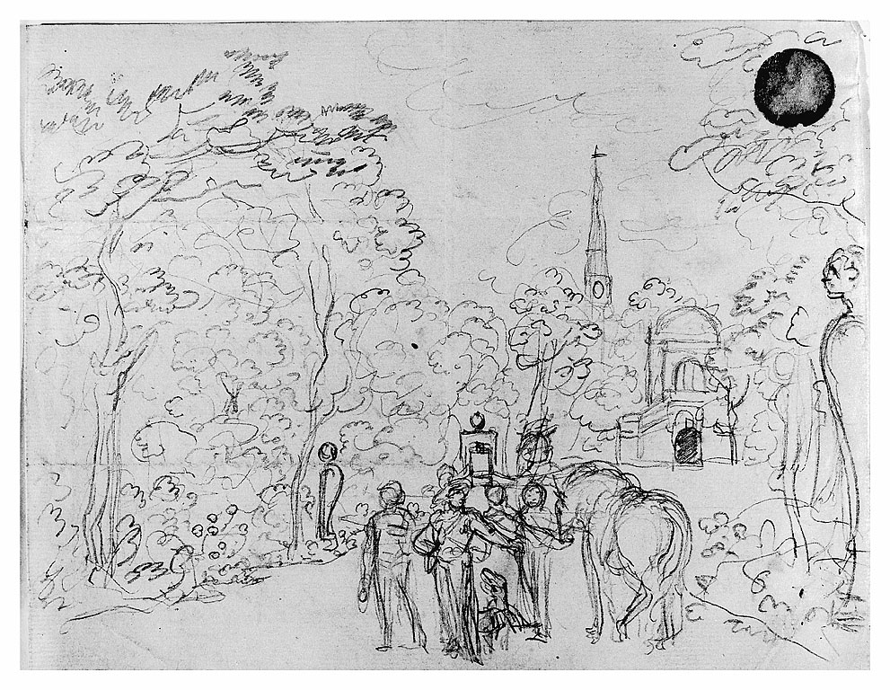 paesaggio con architetture e figure maschili (disegno, opera isolata) di Cosway Richard (seconda metà sec. XVIII)
