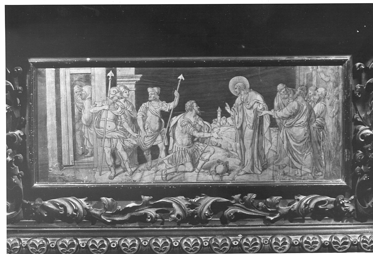 Incontro del Centurione con Gesù (decorazione a intarsio, opera isolata) di Caniana Giacomo Martino (secc. XVII/ XVIII)