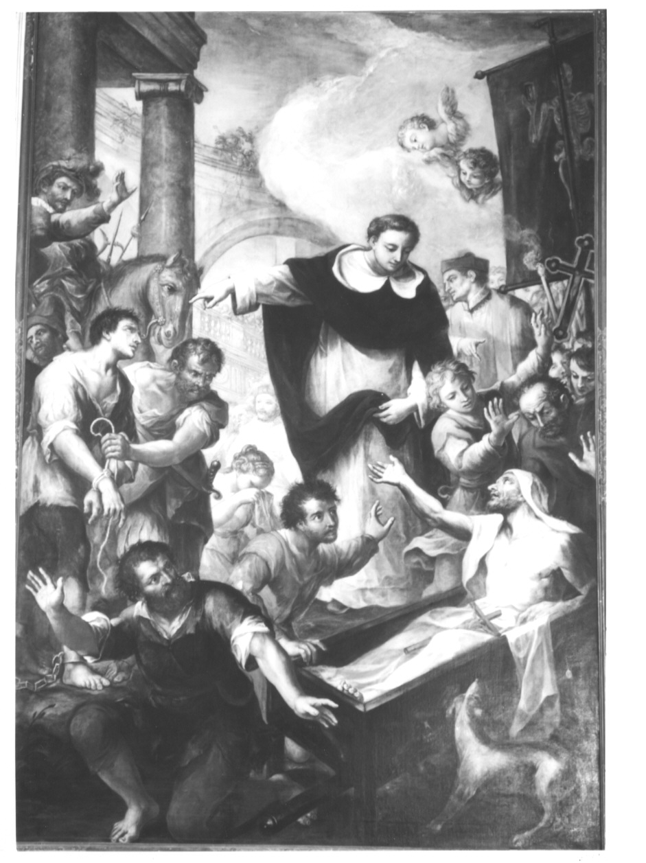 San Vincenzo fa legare in ceppi il vero colpevole e riuscita il condannato innocente (pala d'altare, opera isolata) di Salis Carlo (sec. XVIII)