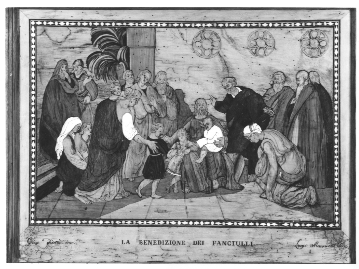La benedizione dei fanciulli, Cristo adulto con altri personaggi e bambini (decorazione a intarsio, opera isolata) di Diotti Giuseppe, Masparoni Luigi (sec. XIX)
