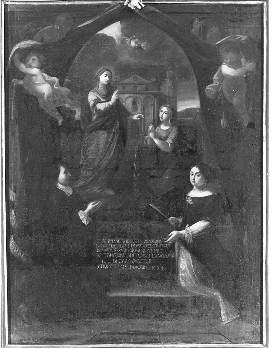apparizione della Madonna del Sacro Fonte di Caravaggio e devoti (dipinto, opera isolata) - ambito lombardo-veneto (sec. XVII)