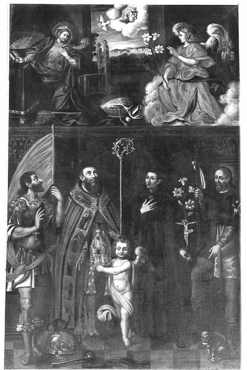 Annunciazione con Sant'Alessandro, San Donato, San Luigi Gonzaga e San Rocco (dipinto, opera isolata) di Cesareo Giuseppe (metà sec. XVII)