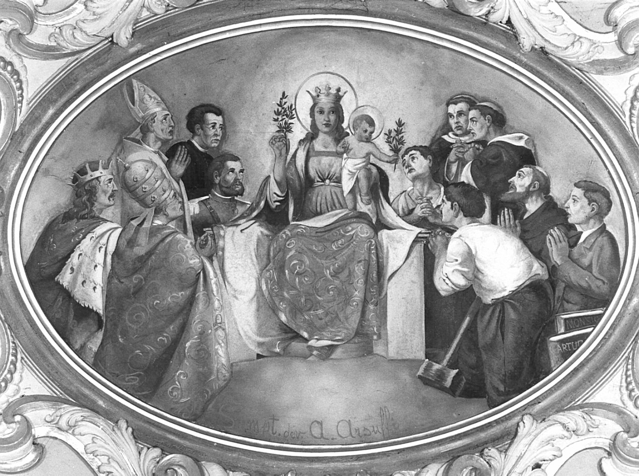 Madonna in trono con Bambino e devoti (dipinto, opera isolata) di Monzio A (sec. XX)