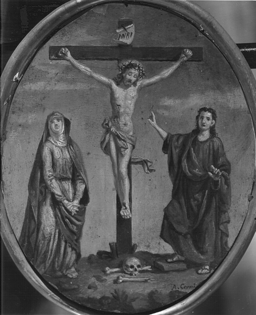 Cristo crocifisso, la Madonna e San Giovanni Evangelista (dipinto, elemento d'insieme) di Ceroni Angelo (sec. XIX)