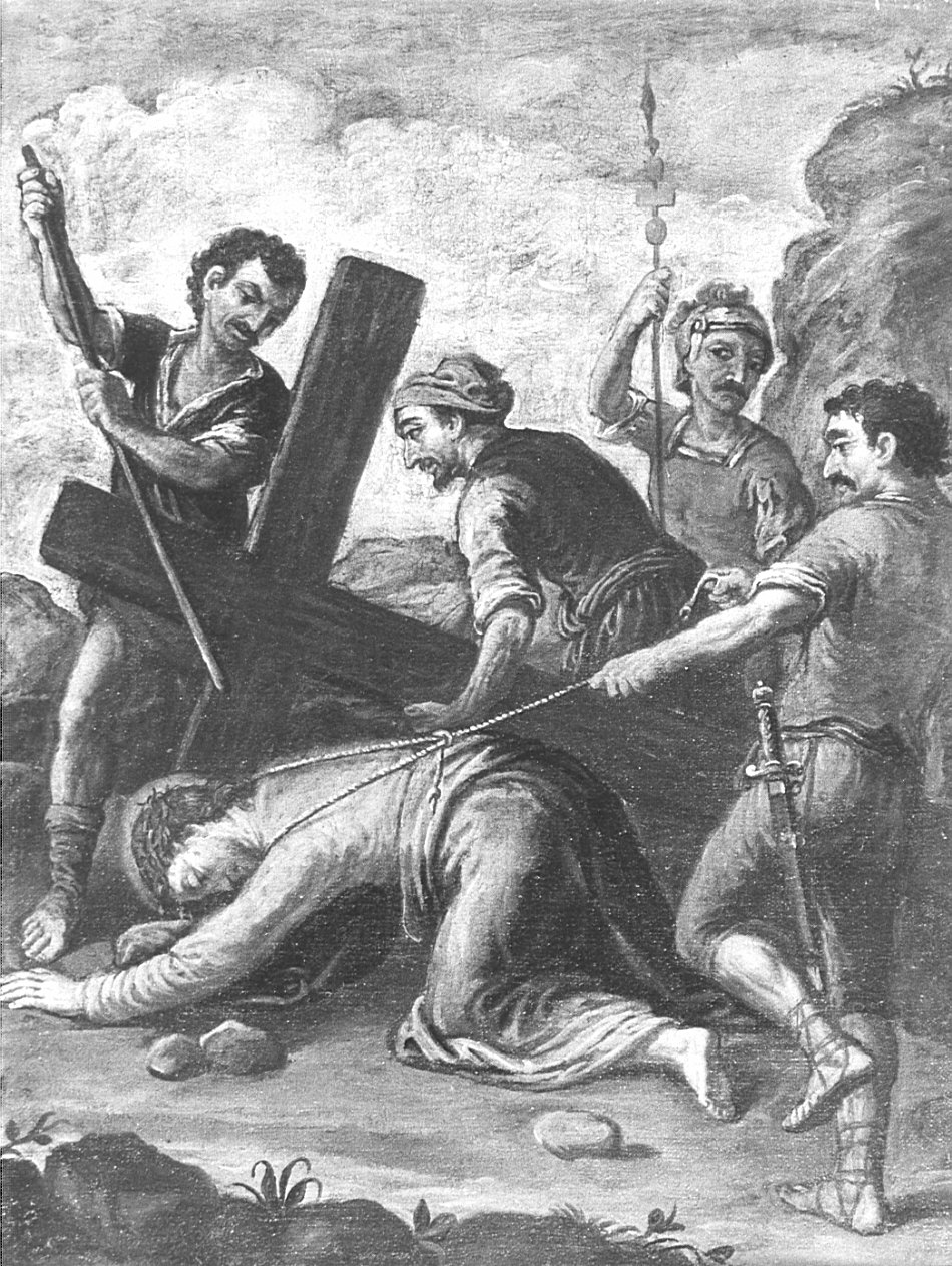stazione VII: Gesù cade sotto la croce la seconda volta (dipinto, elemento d'insieme) di Peverada Gaetano (attribuito) (fine/inizio secc. XVIII/ XIX)