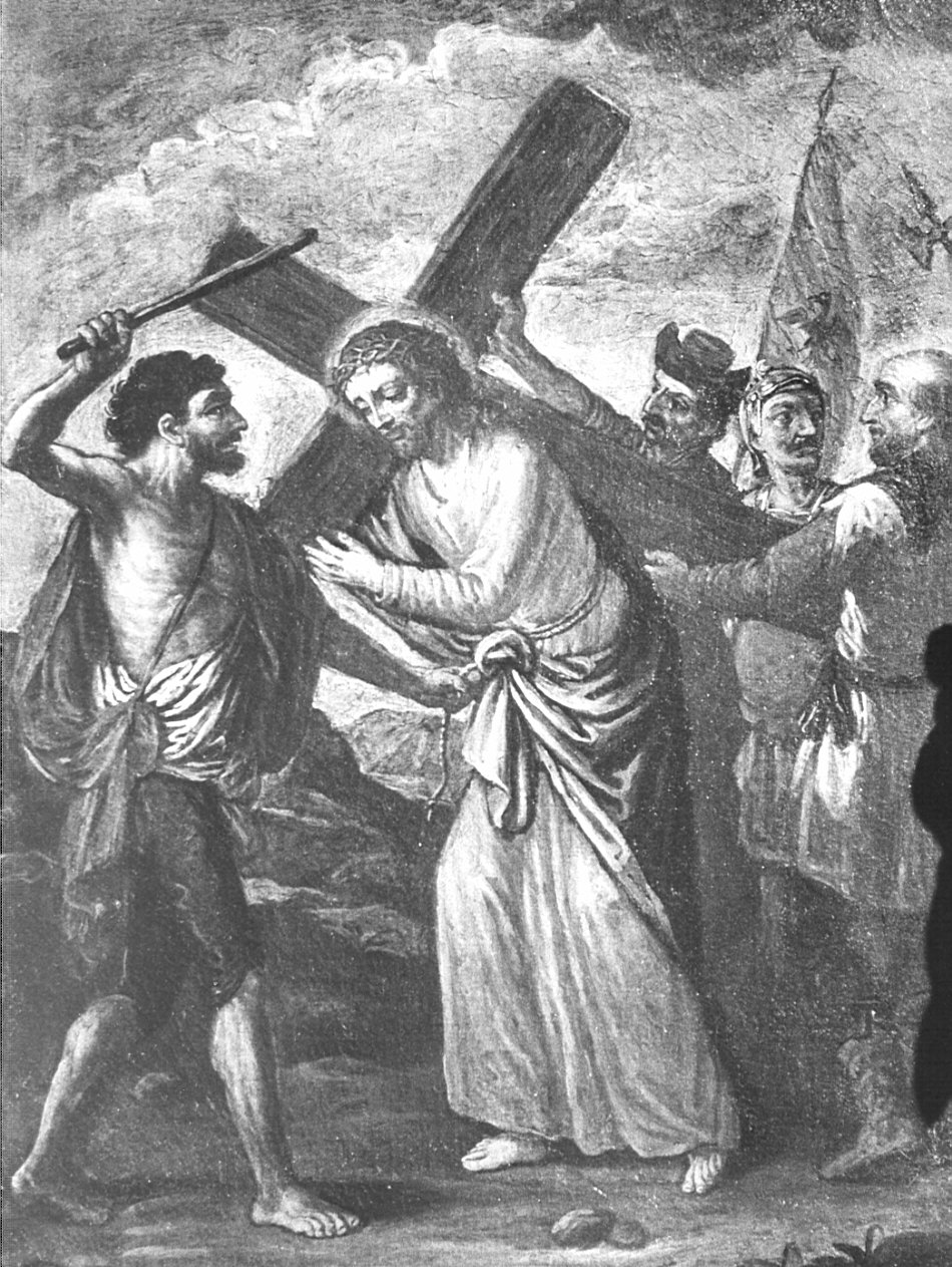 stazione V: Gesù aiutato da Simone il Cireneo a portare la croce (dipinto, elemento d'insieme) di Peverada Gaetano (attribuito) (fine/inizio secc. XVIII/ XIX)
