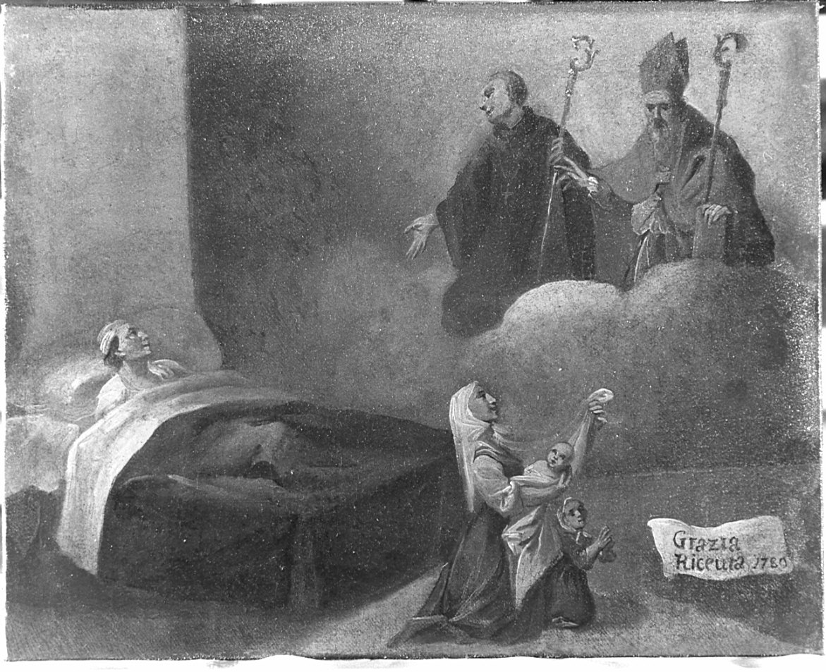 San Mauro e San Gottardo guariscono un infermo (ex voto, opera isolata) - ambito lombardo (sec. XVIII)