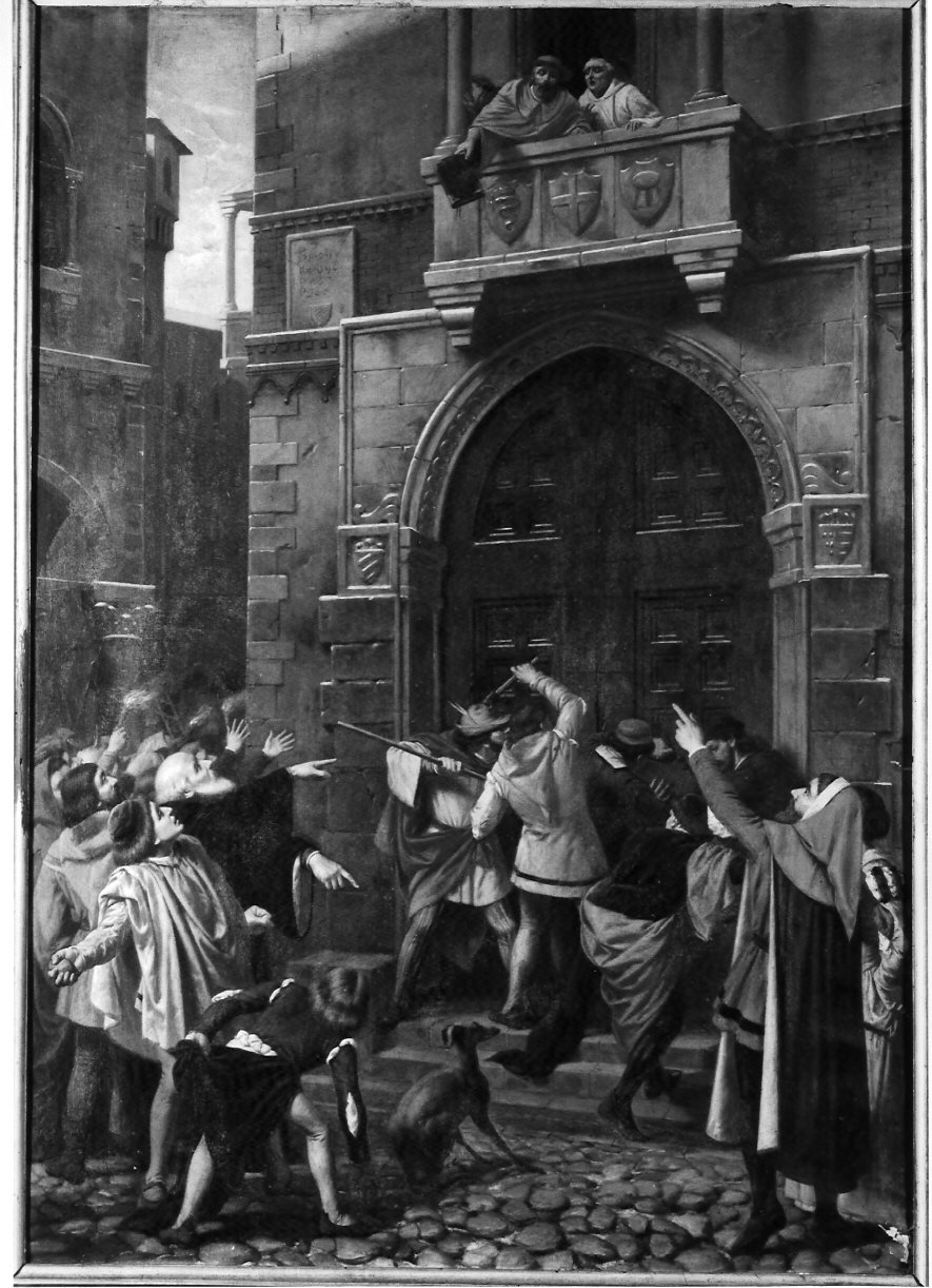 Protesta dei milanesi alle porte del palazzo del cardinale Branda Castiglione che voleva abolire il rito ambrosiano (dipinto, opera isolata) - ambito lombardo (sec. XIX)