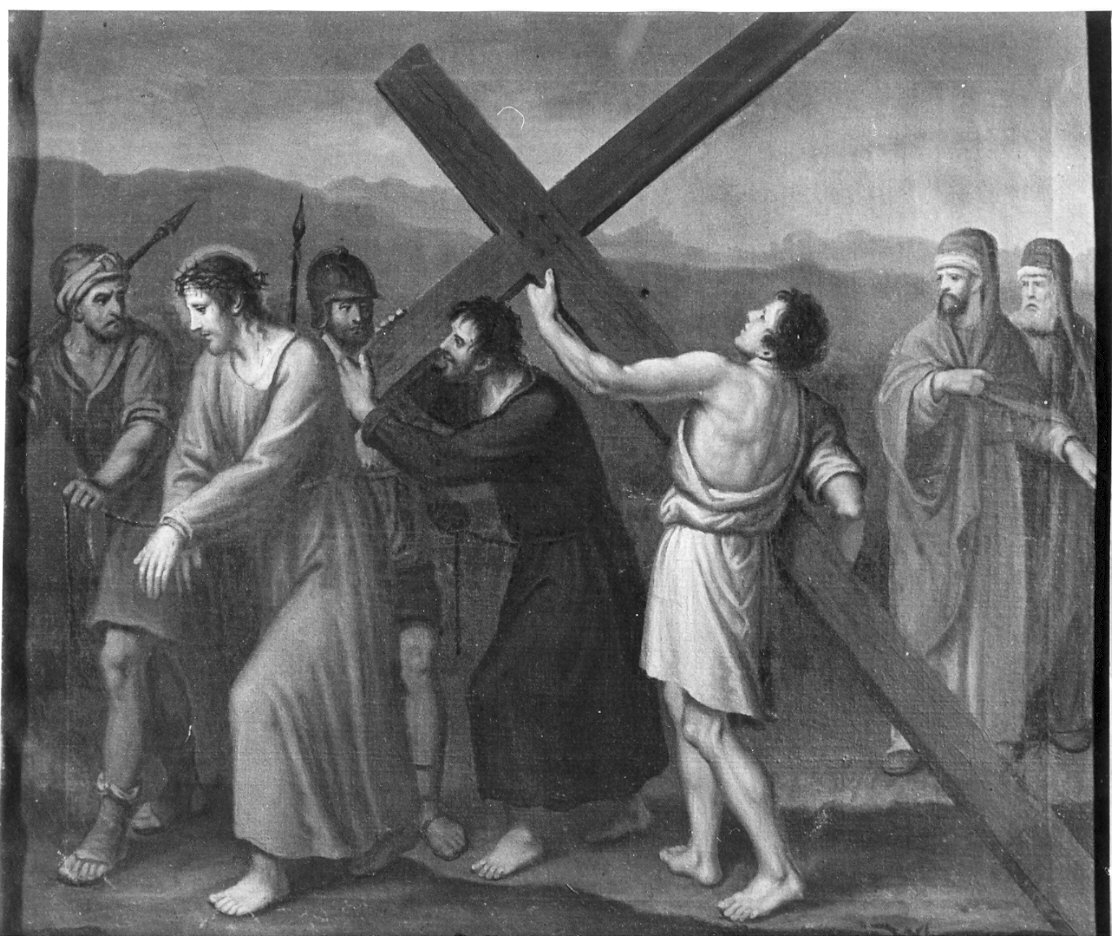 stazione V: Gesù aiutato da Simone il Cireneo a portare la croce (dipinto, elemento d'insieme) - ambito lombardo (sec. XIX)