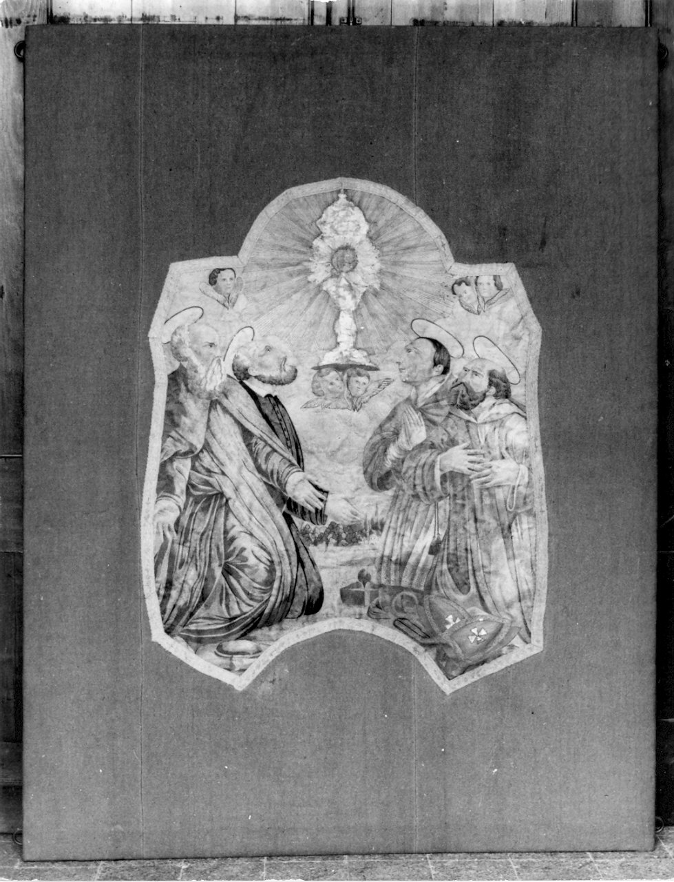 San Filippo Neri (?), San Carlo ed altri Santi in adorazione dell'Eucarestia (pannello) - manifattura lombarda (sec. XIX)