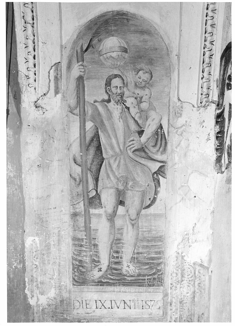 San Cristoforo guada il fiume con Gesù Bambino sulle spalle (dipinto, opera isolata) - ambito italiano (sec. XVI, sec. XIX)