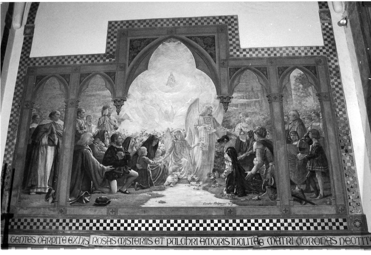 La Madonna di Pompei appare a personaggi storici, Madonna con altri personaggi (dipinto, opera isolata) di Bignami Osvaldo (attribuito) (sec. XX)