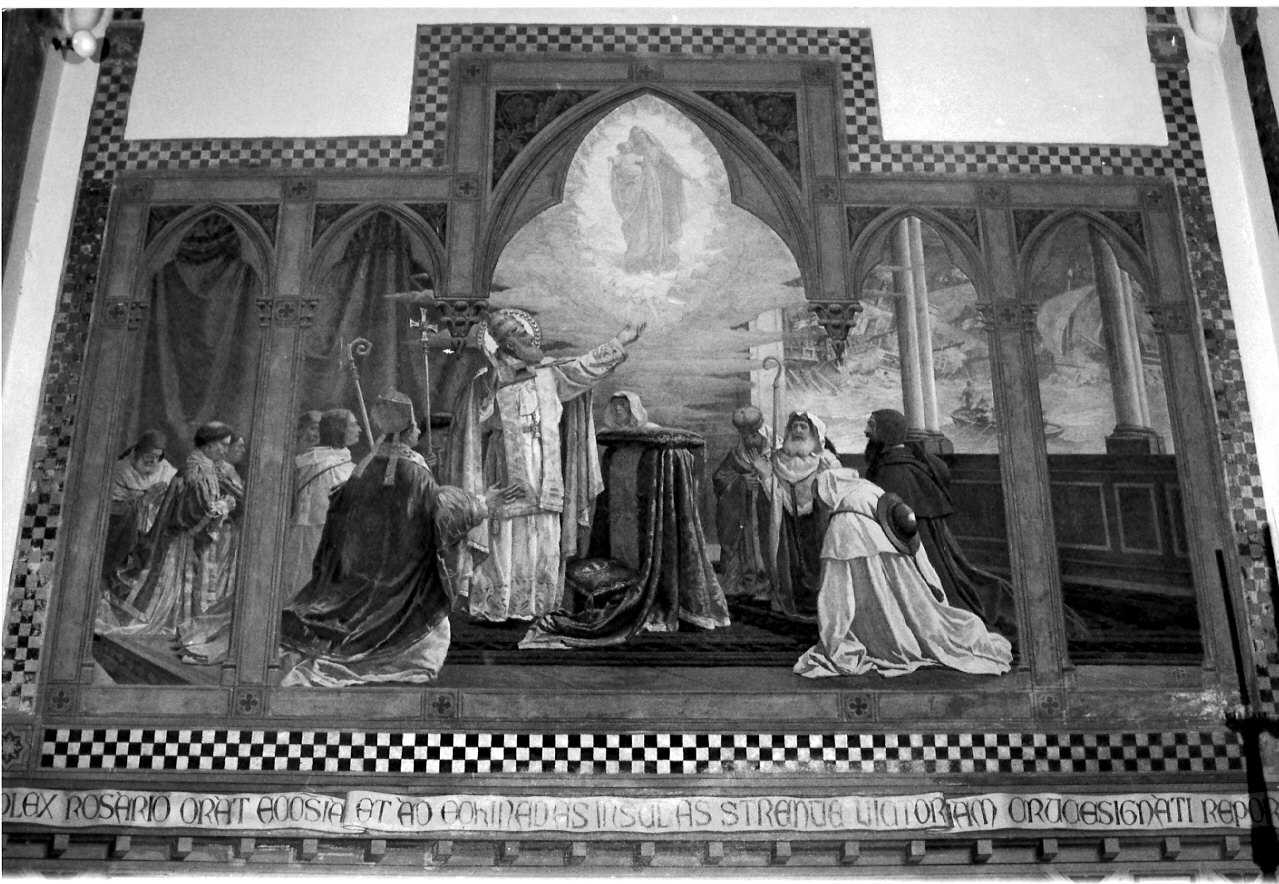 Pio V ha in visione la Madonna e la battaglia di Lepanto, battaglia di Lepanto (dipinto, opera isolata) di Bignami Osvaldo (attribuito) (sec. XX)