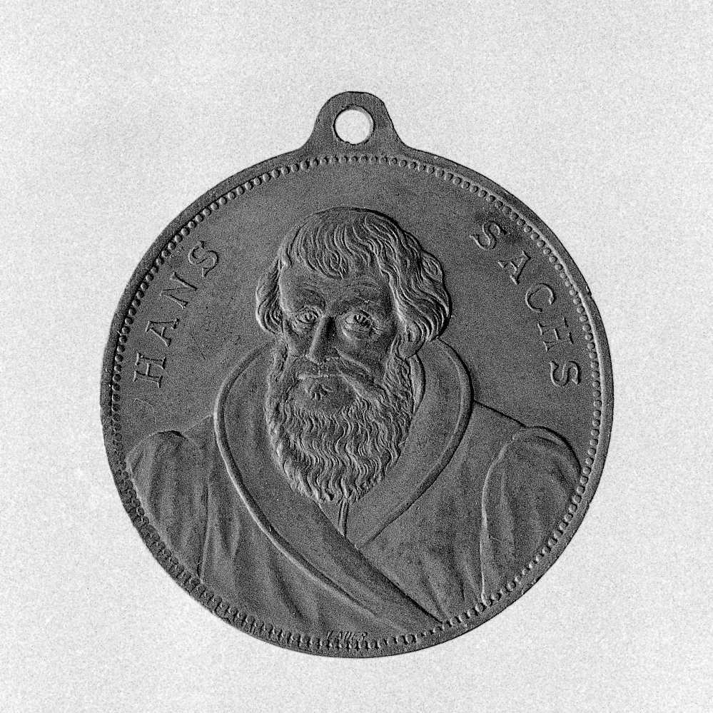 Ritratto di Sachs Hans, ritratto del compositore Sachs Hans/ corona d'alloro (medaglia di presenza) - produzione Stabilimento Lauer (Germania) (sec. XIX)