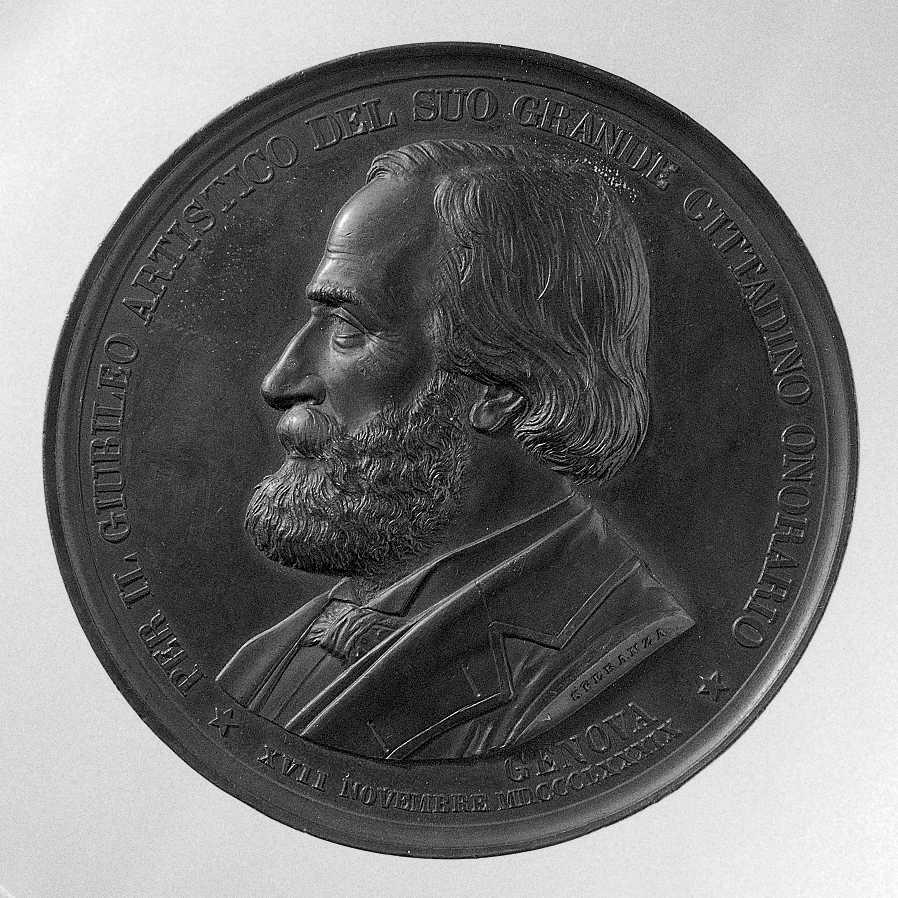 Ritratto di Verdi Giuseppe, ritratto del compositore Verdi Giuseppe (medaglia) di Speranza Filippo (sec. XIX)