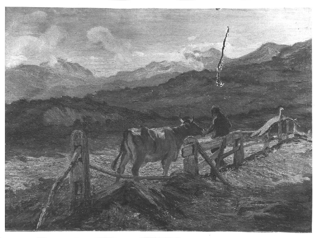 Pascolo alpino, paesaggio alpino con mucca e pastorella (dipinto, serie) di Bersani Stefano (fine sec. XIX)