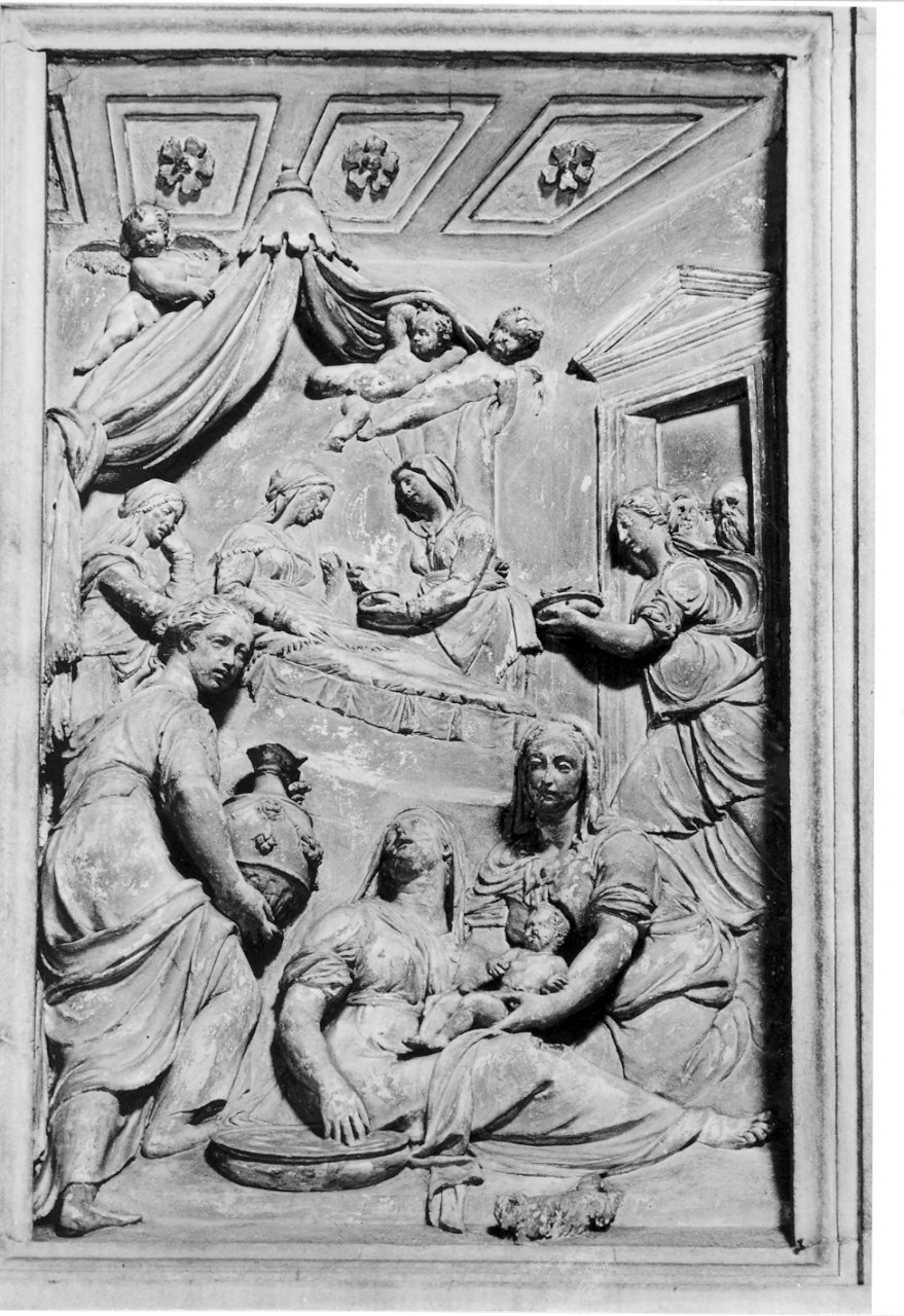 nascita di Maria Vergine (rilievo, opera isolata) di De Buzi Giovanni Antonio (attribuito) (sec. XVI)