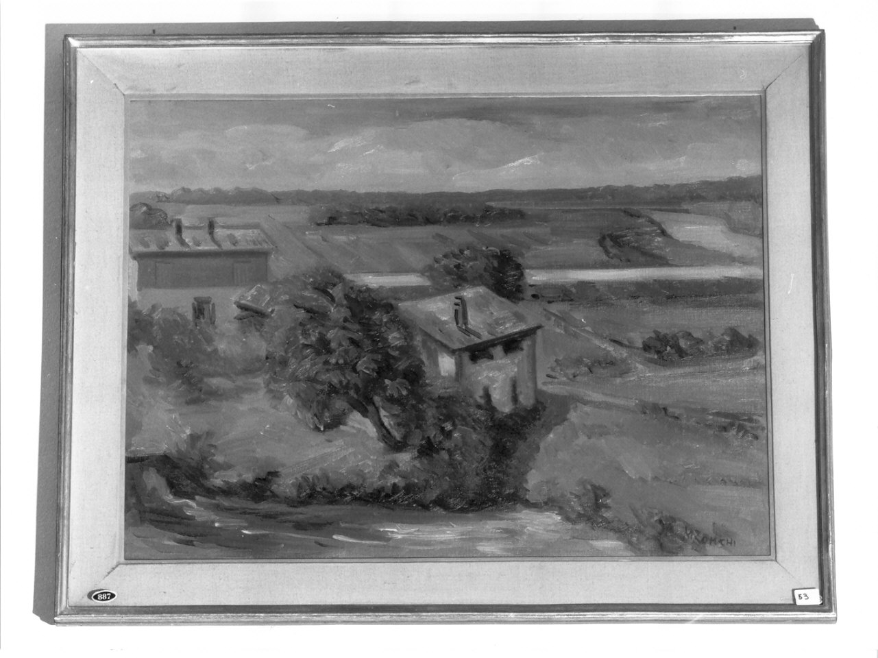 Paesaggio di pianura con case (dipinto, opera isolata) di Zonchi M (prima metà sec. XX)