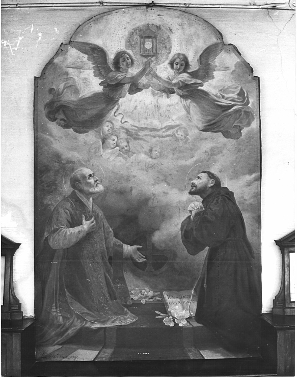 Sant'Antonio da Padova e San Filippo Neri in adorazione del Santissimo (dipinto, opera isolata) di Cisterna Eugenio (sec. XX)