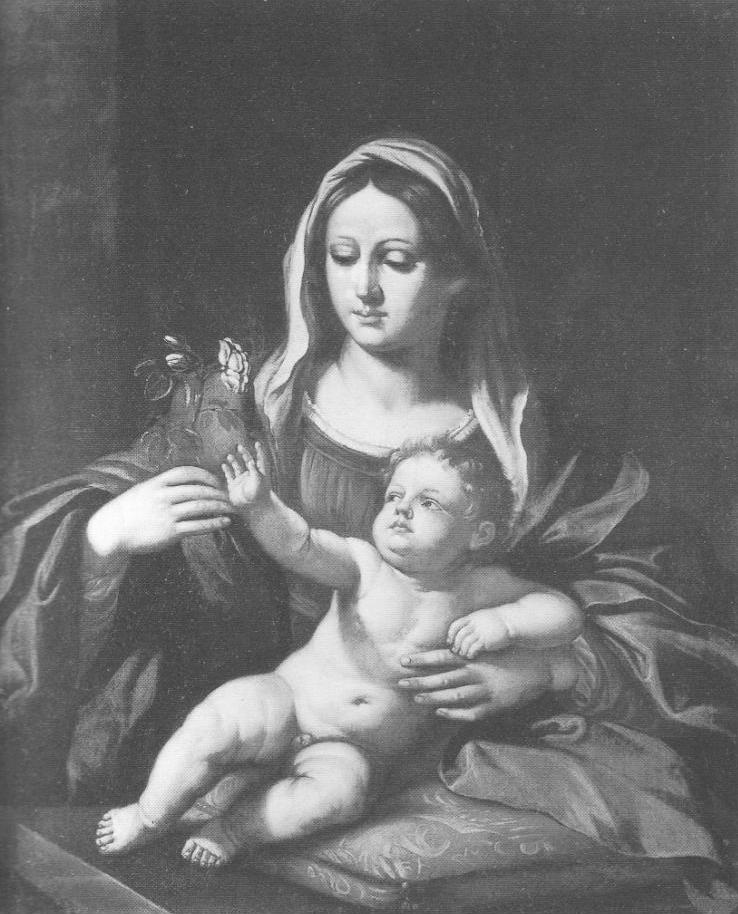 Madonna con il Bambino in atto di dargli una rosa, Madonna con Bambino che gli porge una rosa (dipinto, opera isolata) di Gennari Bartolomeo (sec. XVII)