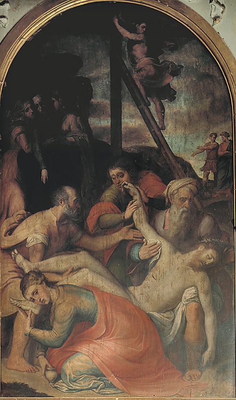 La Deposizione dalla Croce, deposizione di Cristo dalla croce (trittico, opera isolata) di Menzocchi Francesco (sec. XVI)