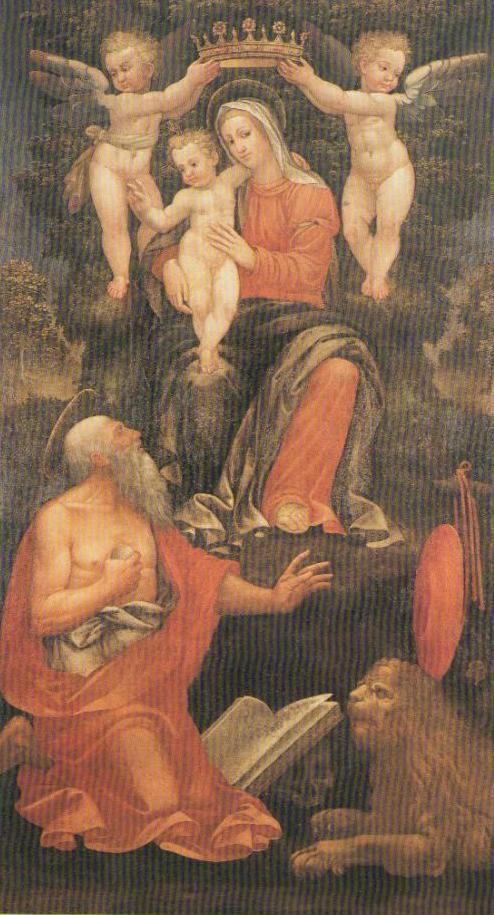 Madonna con il Bambino incoronata da angeli e San Gerolamo, incoronazione di Maria Vergine con San Girolamo (dipinto, opera isolata) di De Magistris Giovanni Andrea (sec. XVI)