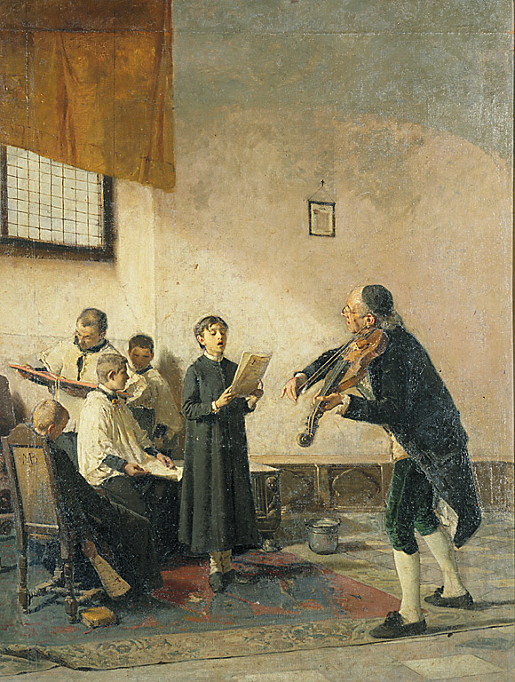 La vigilia della sagra, lezione di musica (dipinto, opera isolata) di Bianchi Mosè (sec. XIX)
