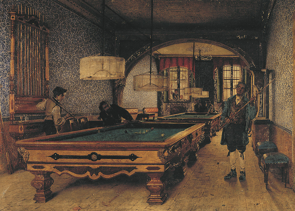 Una partita al bigliardo, una partita al bigliardo (dipinto, opera isolata) di Carcano Filippo (sec. XIX)