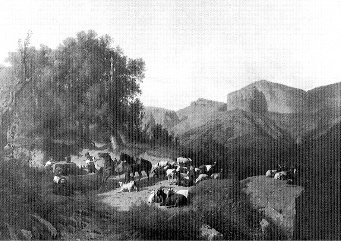 Sosta all'abbeveratoio, paesaggio montuoso con pastori (dipinto, opera isolata) di Markò Andrea (sec. XIX)