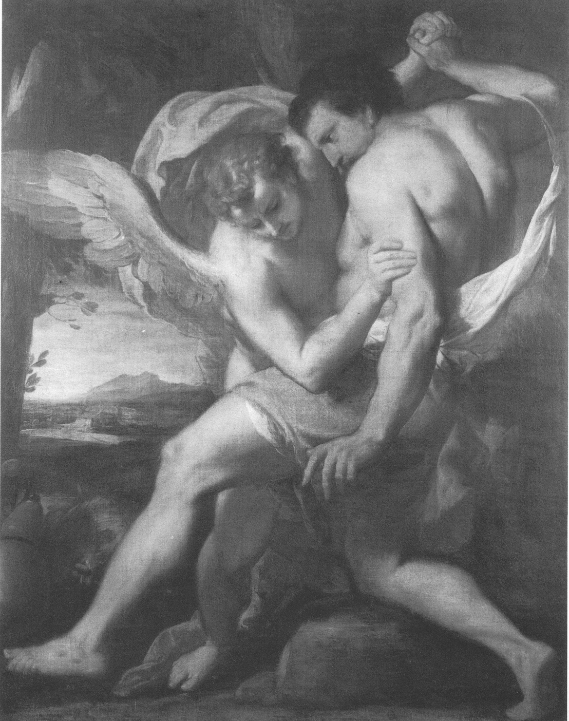 Lotta di Giacobbe con l'angelo, Giacobbe lotta con l'angelo (dipinto, opera isolata) di Lazzarini Gregorio (sec. XVIII)