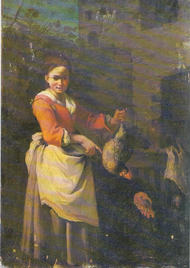 Pastorella con pollo e tacchino, contadina con pollo e tacchino (dipinto, opera isolata) di Londonio Francesco (sec. XVIII)