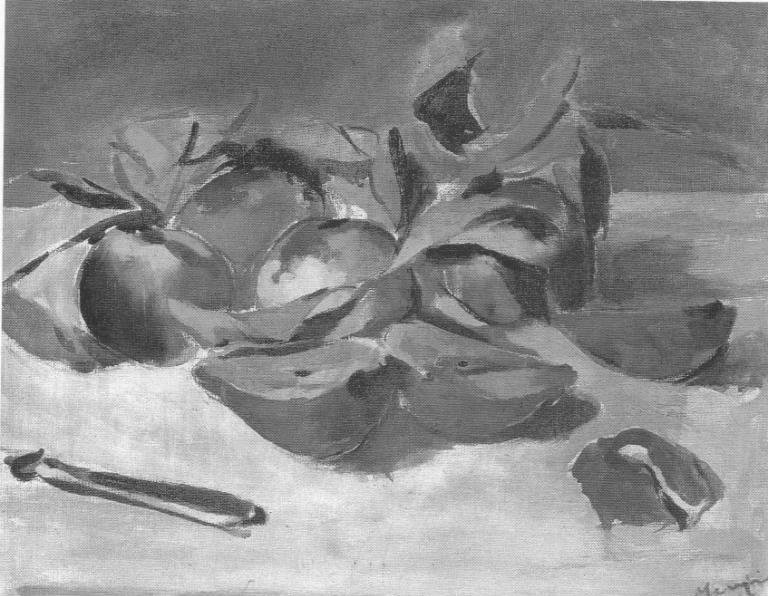 Mele, natura morta con frutta (dipinto, opera isolata) di Menzio Francesco (sec. XX)