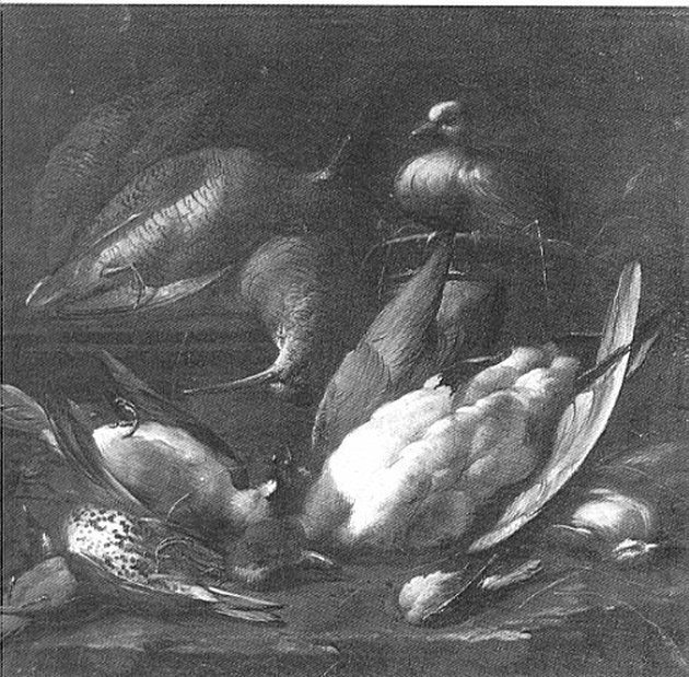 Cacciagione con piccione vivo, natura morta con cacciagione (dipinto, serie) di Vitali Candido (sec. XVIII)