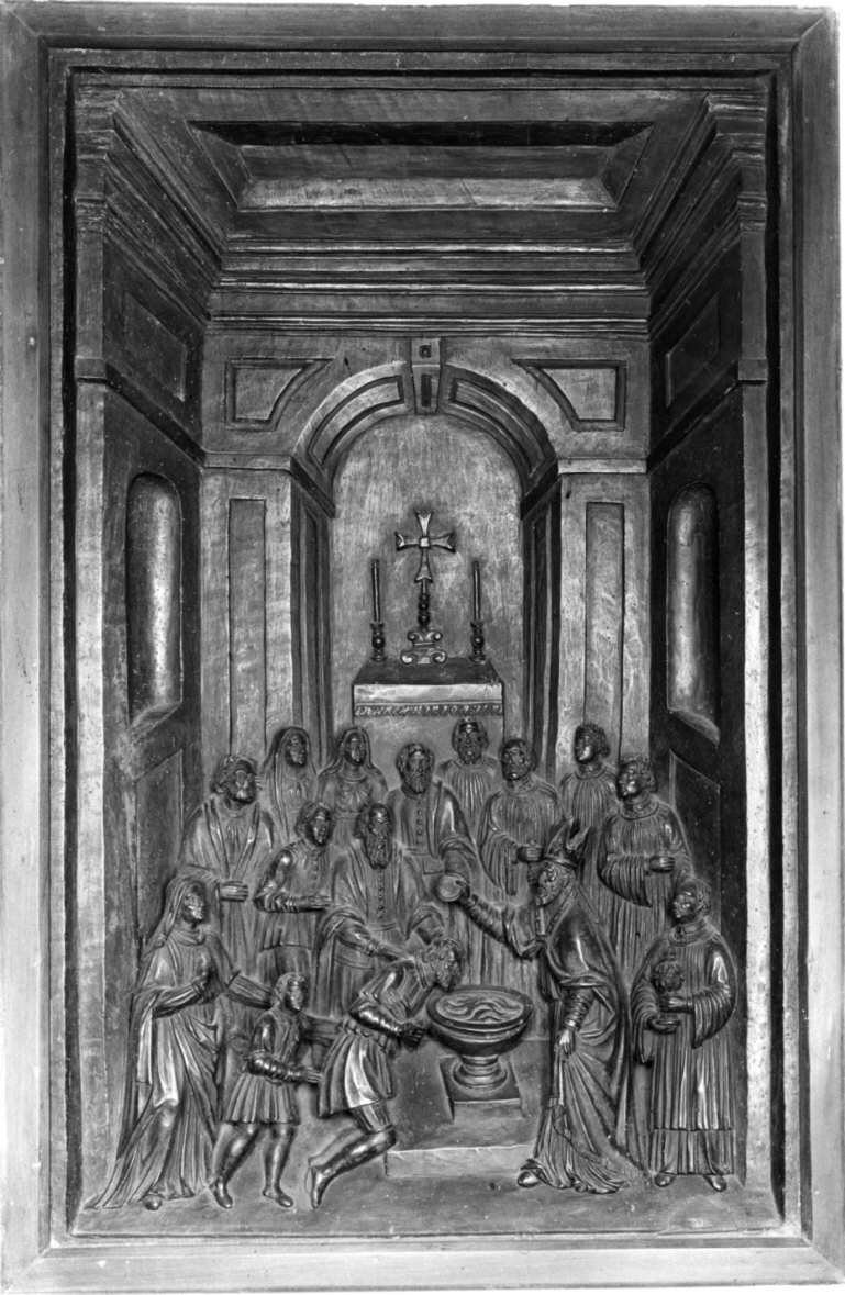Sant'Ambrogio battezza Sant'Agostino (rilievo, opera isolata) - bottega lombarda (secc. XVI/ XVII)