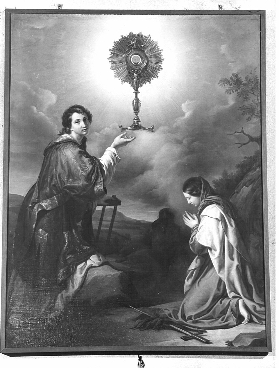 San Lorenzo e Sant'Eugenia in adorazione dell'Eucarestia (dipinto, opera isolata) di Scuri Enrico (metà sec. XIX)