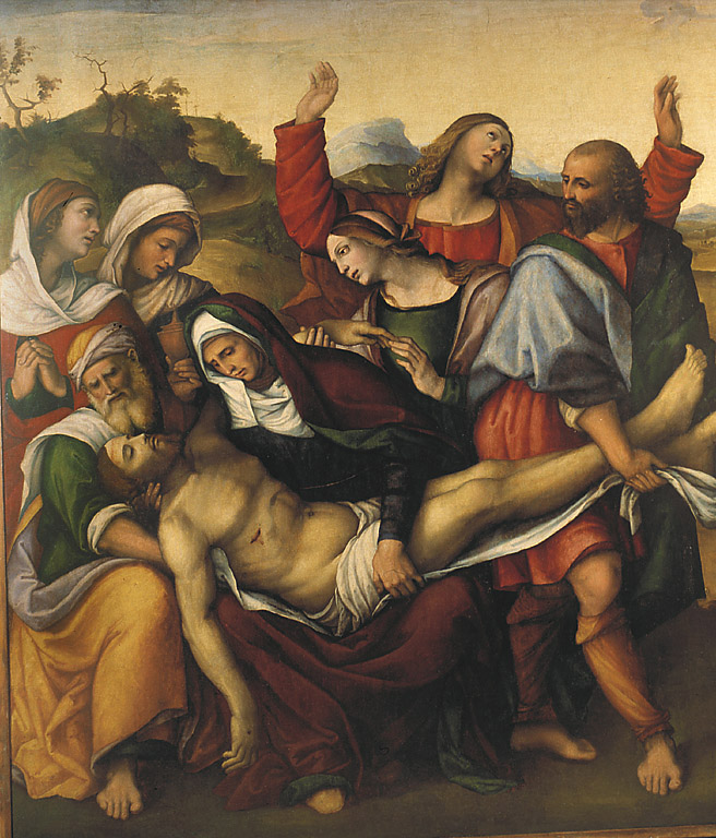 La Deposizione di Cristo, Deposizione di Cristo nel sepolcro (dipinto, opera isolata) di Marchesi Girolamo detto Girolamo da Cotignola (sec. XVII)