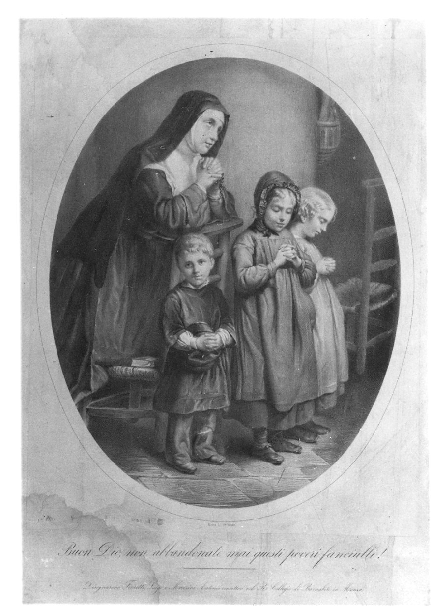 suora e bambini in preghiera (stampa) di Monzini Antonio, Fioretti Luigi (sec. XIX)