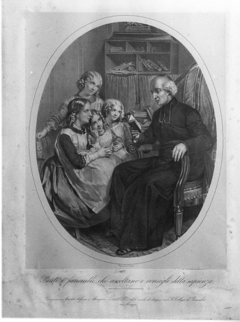 padre barnabita e bambine (stampa) di Monzini Antonio, Amati Alfonso (sec. XIX)