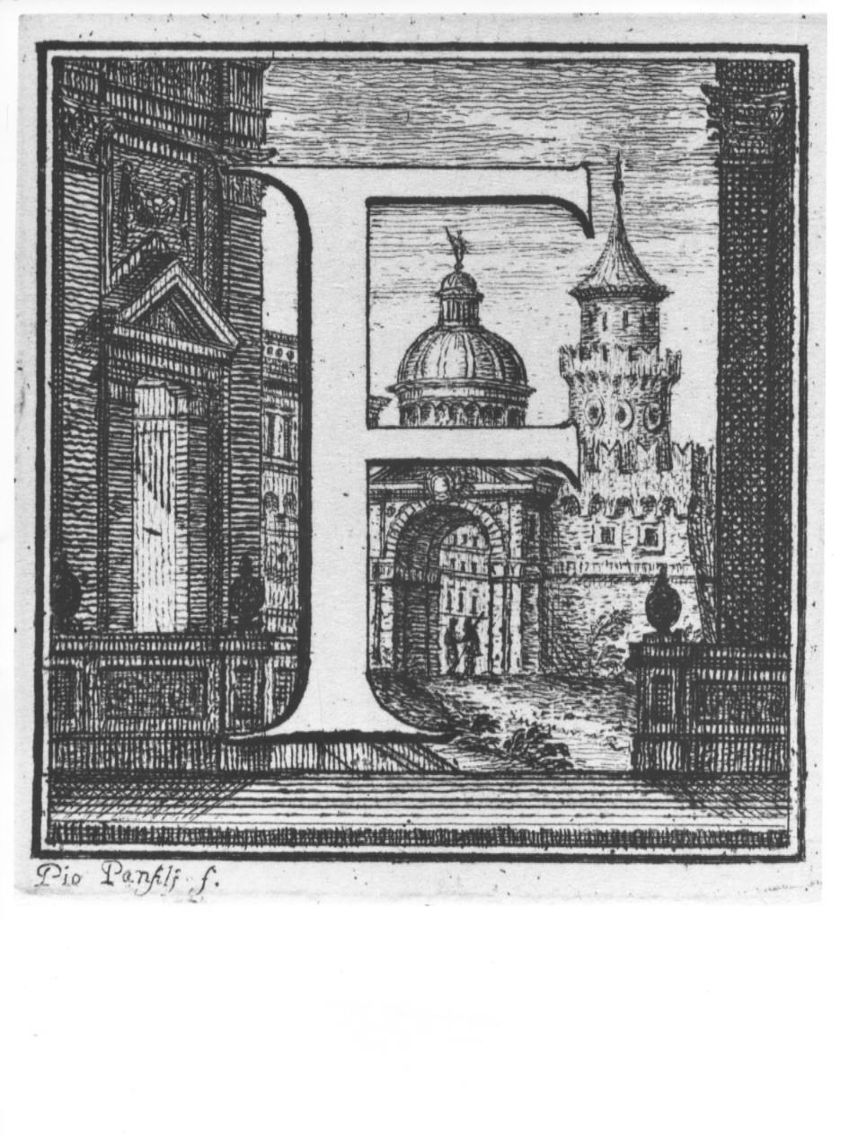 elemento decorativo (lettera F) e veduta di città (stampa, serie) di Panfili Pio, Zanotti Cavazzoni Giampietro (sec. XVIII)