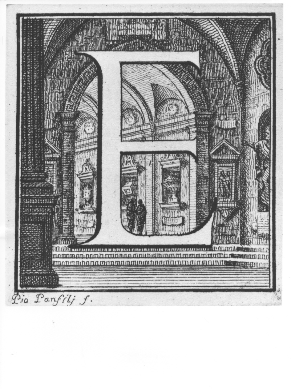 elemento decorativo (lettera E) con interno di palazzo (stampa, serie) di Panfili Pio, Zanotti Cavazzoni Giampietro (sec. XVIII)