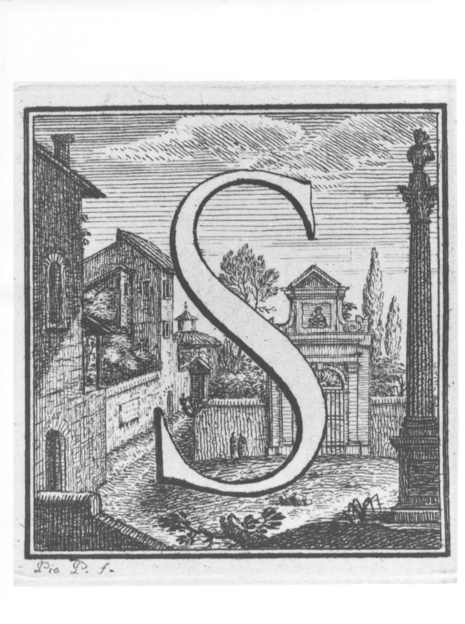 elemento decorativo (lettera S) e veduta di città (stampa, serie) di Panfili Pio, Zanotti Cavazzoni Giampietro (sec. XVIII)